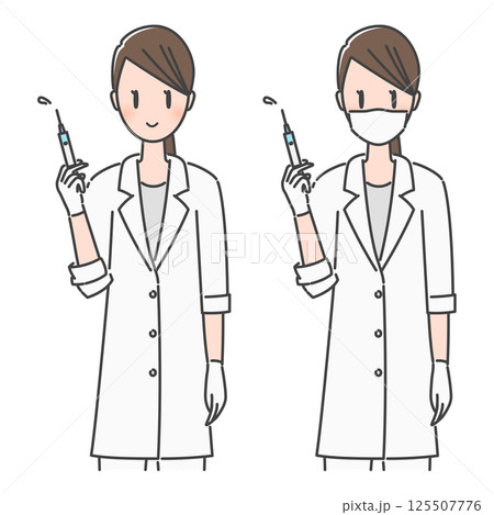 イラスト素材：ワクチン・予防接種の注射器を持つ笑顔の女医・女性医師/女性ドクター 125507776