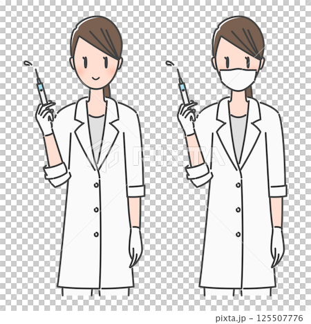 插畫資料：微笑的女醫生/女醫生/女醫生拿著注射器接種疫苗/接種疫苗 125507776