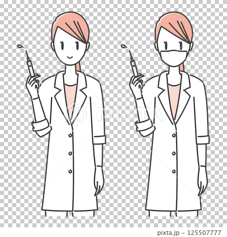 イラスト素材：ワクチン・予防接種の注射器を持つ笑顔の女医・女性医師/女性ドクター(モノトーン) 125507777