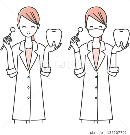 イラスト素材：ミラーと歯の模型を持つ、白衣を着た笑顔の女性歯科医師、歯科検診(シンプル・モノトーン) 125507791
