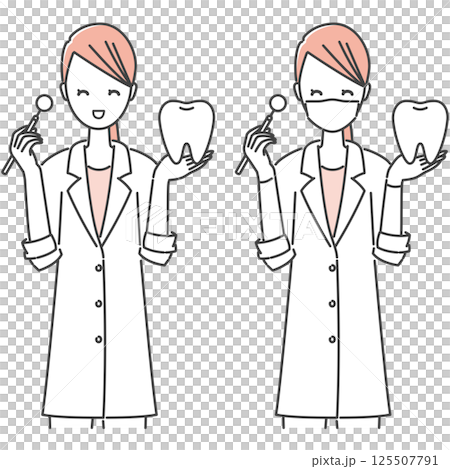 イラスト素材：ミラーと歯の模型を持つ、白衣を着た笑顔の女性歯科医師、歯科検診(シンプル・モノトーン) 125507791