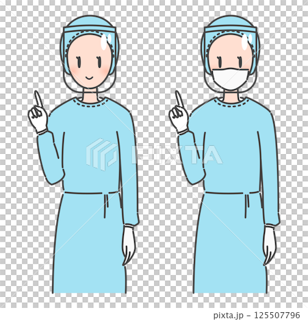 イラスト素材：感染症対策・医療用ガウンとフェイスシールドを着用したドクター・女性医師 125507796