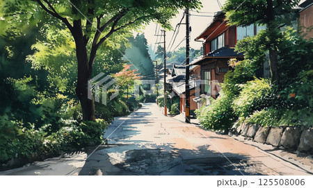 日本の古民家が並ぶ川沿いの路地と紅葉が彩る情緒ある町並み｜秋の観光や旅のイメージに最適な水彩イラスト 125508006