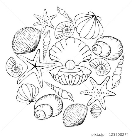 Sea shells scallops and stars circle round composition for logo. poster template in doodle sketchy style. Banner, poster, wrapping paper, sticker, print, modern textile design. Sea shells scallops and stars circle round composition for logo. poster template in doodle sketchy style. Banner, poster, wrapping paper, sticker, print, modern textile design. 125508274