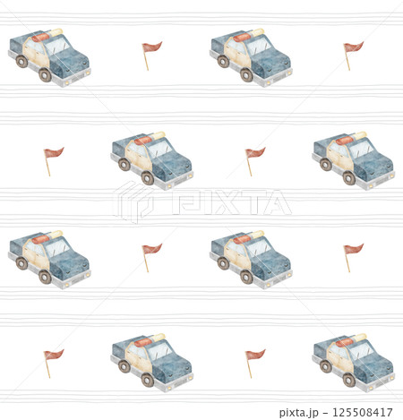 Pattern police car. Watercolor illustration is hand drawn in cartoon style. Seamless print children's on a background with gray stripes for textile design, fabric, packaging, wallpaper, clothes, card Pattern police car. Watercolor illustration is hand drawn in cartoon style. Seamless print children's on a background with gray stripes for textile design, fabric, packaging, wallpaper, clothes, card 125508417