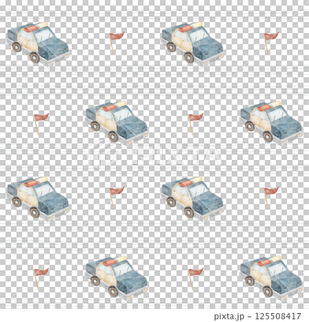 Pattern police car. Watercolor illustration is hand drawn in cartoon style. Seamless print children's on a background with gray stripes for textile design, fabric, packaging, wallpaper, clothes, card Pattern police car. Watercolor illustration is hand drawn in cartoon style. Seamless print children's on a background with gray stripes for textile design, fabric, packaging, wallpaper, clothes, card 125508417