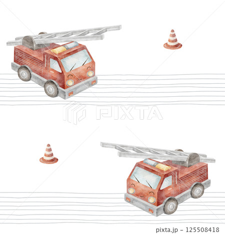Watercolor pattern fire truck on gray stripes. Illustration children's car hand-drawn in cartoon style. Seamless print city transport background for fabric, baby clothes, textile, packaging, wallpaper Watercolor pattern fire truck on gray stripes. Illustration children's car hand-drawn in cartoon style. Seamless print city transport background for fabric, baby clothes, textile, packaging, wallpaper 125508418