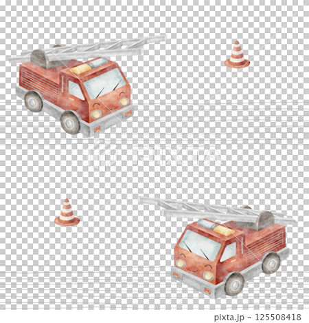 Watercolor pattern fire truck on gray stripes. Illustration children's car hand-drawn in cartoon style. Seamless print city transport background for fabric, baby clothes, textile, packaging, wallpaper Watercolor pattern fire truck on gray stripes. Illustration children's car hand-drawn in cartoon style. Seamless print city transport background for fabric, baby clothes, textile, packaging, wallpaper 125508418
