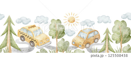Watercolor illustrations city car, yellow taxi drive road, forest, trees, green spruce, sun, sky. Banner seamless cartoon hand drawn for design children's cards, invitations, holidays, print wallpaper Watercolor illustrations city car, yellow taxi drive road, forest, trees, green spruce, sun, sky. Banner seamless cartoon hand drawn for design children's cards, invitations, holidays, print wallpaper 125508438