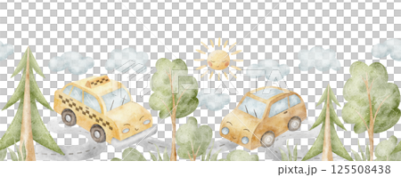 Watercolor illustrations city car, yellow taxi drive road, forest, trees, green spruce, sun, sky. Banner seamless cartoon hand drawn for design children's cards, invitations, holidays, print wallpaper 125508438