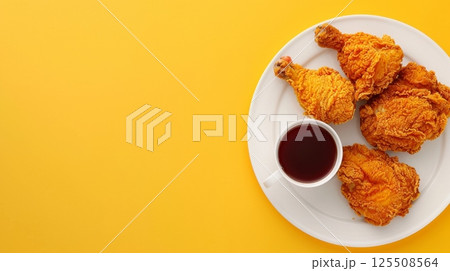 Delicious crispy chicken fried with chili sauce on white plate copy space 125508564