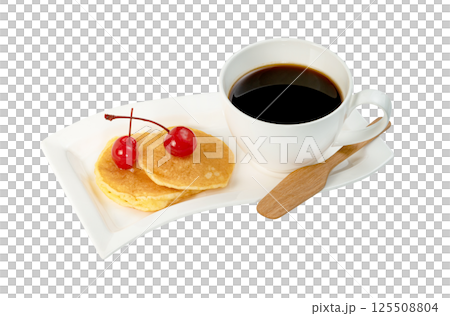 coffee cup with pancakes and cherry isolated. 125508804