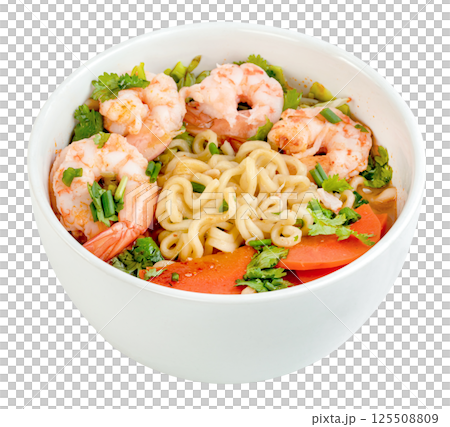 Tom Yum kung with instant noodles and shrimp isolated. Tom Yum kung with instant noodles and shrimp isolated. 125508809