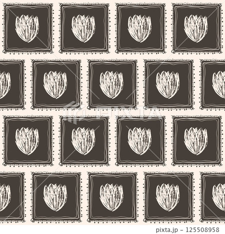 Tulip flowers seamless pattern. Linocut block print floral stencil on vintage frames allover background. Rectangle marker drawn repeat cover. Vector hand drawn monochrome spring motif Tulip flowers seamless pattern. Linocut block print floral stencil on vintage frames allover background. Rectangle marker drawn repeat cover. Vector hand drawn monochrome spring motif 125508958