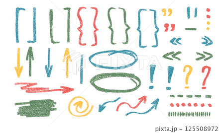 Brackets marks, arrow doodle set. Crayon underlines, quotation marks, ellipse and signs. Scribble pencil emphasis note highlights. Vector hand drawn illustration isolated on white background Brackets marks, arrow doodle set. Crayon underlines, quotation marks, ellipse and signs. Scribble pencil emphasis note highlights. Vector hand drawn illustration isolated on white background 125508972