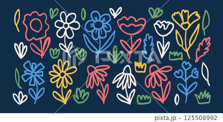Flowers wax crayon drawn set. Naive floral doodle brush stroke isolated on dark background. Daisy, poppy, grass, leaves sketch elements. Vector childish style illustration by pencil Flowers wax crayon drawn set. Naive floral doodle brush stroke isolated on dark background. Daisy, poppy, grass, leaves sketch elements. Vector childish style illustration by pencil 125508992