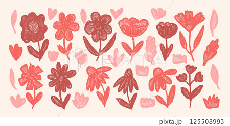 Flowers crayon drawn set. Naive floral doodles. Chamomile, poppy, grass, leaves sketch elements. Pink and red garden simple coneflowers and daises. Vector coquette style illustration by pencil 125508993