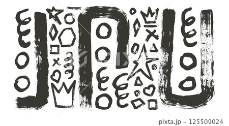 Grunge wall art elements with brush stroke texture. Hand drawn black ink graffiti crown, star, heart and geometric urban street style maze shapes on white background. Circle, hexagon abstract figures 125509024