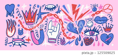 Rock girly crayon set. Punk coquette breaking heart doodle background. Scribble grunge hand drawn poster elements. Pink and blue devil horns and crown. Vector pencil isolated illustration collection 125509025