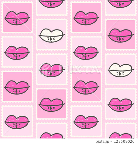 Lips on postage stamp seamless pattern. Mouth with piercing marker endless background. Pink crayon repeat cover. Marker continuous ornament. Surface pattern girly motif. Vector handdrawn illustration 125509026
