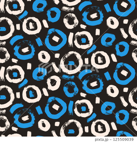 Circle brush stroke seamless pattern. Polka dots endless background. Paint tribal decor repeat cover. Abstract continuous ornament. Surface pattern design round motif. Vector hand drawn illustration Circle brush stroke seamless pattern. Polka dots endless background. Paint tribal decor repeat cover. Abstract continuous ornament. Surface pattern design round motif. Vector hand drawn illustration 125509039