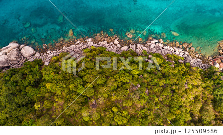 Top view seashore waves nature background,Amazing waves crashing on rocks seascape view 125509386