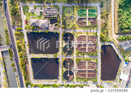 Aerial view High angle view Top down drone shot of the sewage treatment plant.The Solid contact clarifier tank type sludge recirculation in water treatment plant. Industrial wastewater treatment plant 125509396