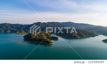 Beautiful landscape nature view in the morning with reflections light over water surface,Lake or pond High angle view 125509397