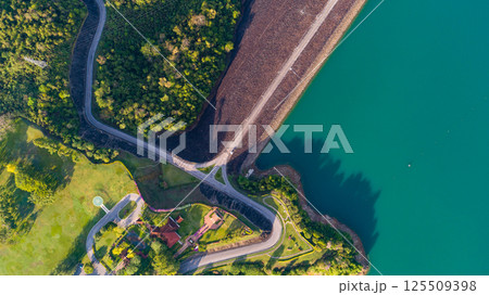 Aerial view of a dam at surat thani Thailand 125509398