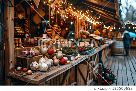 Festive Christmas Market Stall with Holiday Decorations 125509658