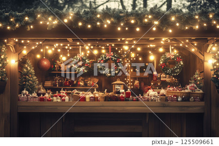 Festive Christmas Market Stall with Holiday Decorations 125509661