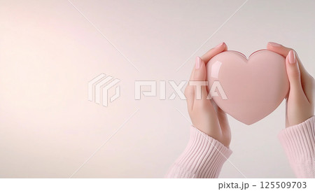 Hands Holding a Pink Heart, Minimalist Love Concept 125509703