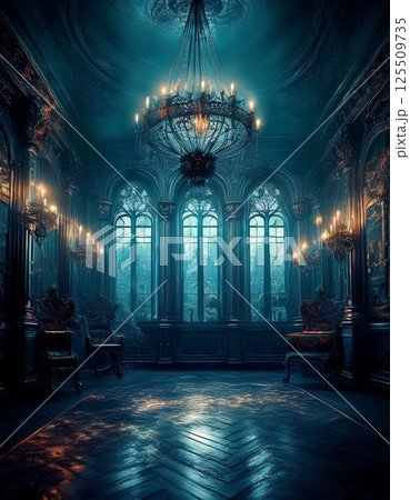 優雅でホラーな雰囲気のシャンデリアのある部屋　ai生成画像 125509735
