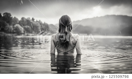 girl in lake under rain. Female back girl in lake under rain. Female back 125509798