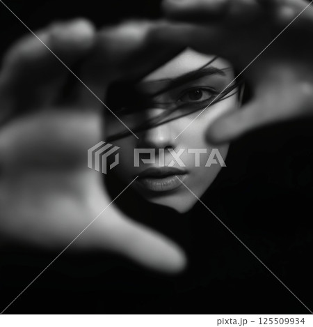 black and white portrait of beautiful young woman 125509934