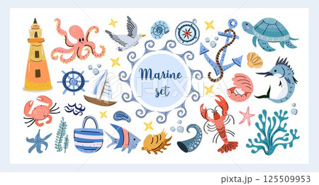 Marine Set Summer Beach Clipart Collection. Hand drawn marine set featuring lighthouse, anchor, octopus, turtle, fishes, seashells, and sailing boat. Perfect for summer designs 125509953