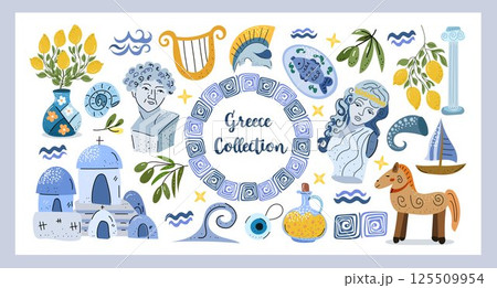 Greece Collection Hand drawn Mediterranean illustrations inspired by Greece architecture, statues, olive branches, lemons, pottery, sea elements, and mythical vibes. 125509954