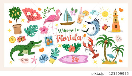 Welcome to Florida Set a colorful hand-drawn vector collection with alligator, flamingo, palm trees, tropical drinks, lighthouse, sun, and beach elements, perfect for summer prints and travel design. Welcome to Florida Set a colorful hand-drawn vector collection with alligator, flamingo, palm trees, tropical drinks, lighthouse, sun, and beach elements, perfect for summer prints and travel design. 125509956