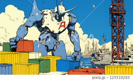 巨大関税ロボットが自由貿易港のコンテナ基地を破壊して、輸出入を妨害している