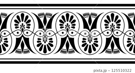 Vector black and white seamless classic greek floral meander ornament. Greek decorative element - Palmette. Ancient Greece, Roman Empire. Endless European pattern. For textile, embroidery, porcelain, 125510322