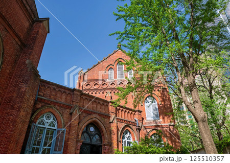 St. Ignatius Xujiahui Cathedral gate against blue sky, Shanghai, China 125510357