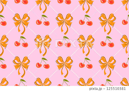 Cute red cherry with yellow coquette bows seamless pattern. Trellis with fruit on pink color background 125510381