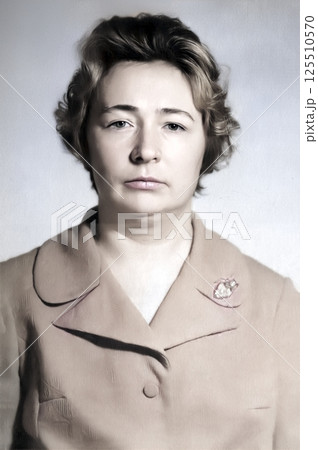 Vintage portrait of a middle-aged woman. Retro photo 1979. Vintage portrait of a middle-aged woman. Retro photo 1979. 125510570