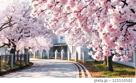 道路沿いに咲く満開の桜 125510582
