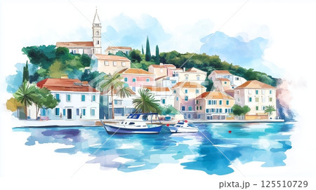 Hvar. Hvar hand drawn watercolor illustration 125510729