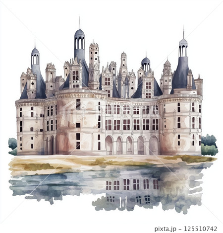 Chateau de Chambord . Chateau de Chambord  hand drawn watercolor illustration 125510742