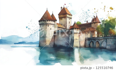 Chateau de Chillon. Chateau de Chillon hand drawn watercolor illustration 125510746