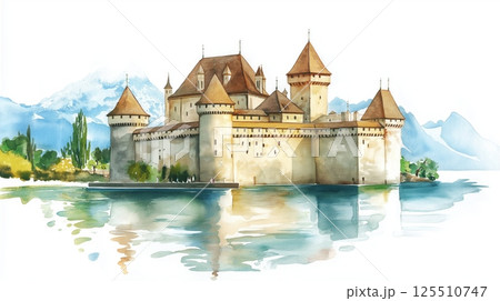 Chateau de Chillon. Chateau de Chillon hand drawn watercolor illustration 125510747