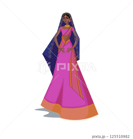 Indian woman in sari in flat design. Traditional female colourful clothing. Vector illustration isolated. 125510982