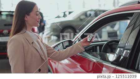 Sales manager handing over the keys to man in the car. Concept of car shopping, buying, and dealership. Sales manager handing over the keys to man in the car. Concept of car shopping, buying, and dealership. 125511039